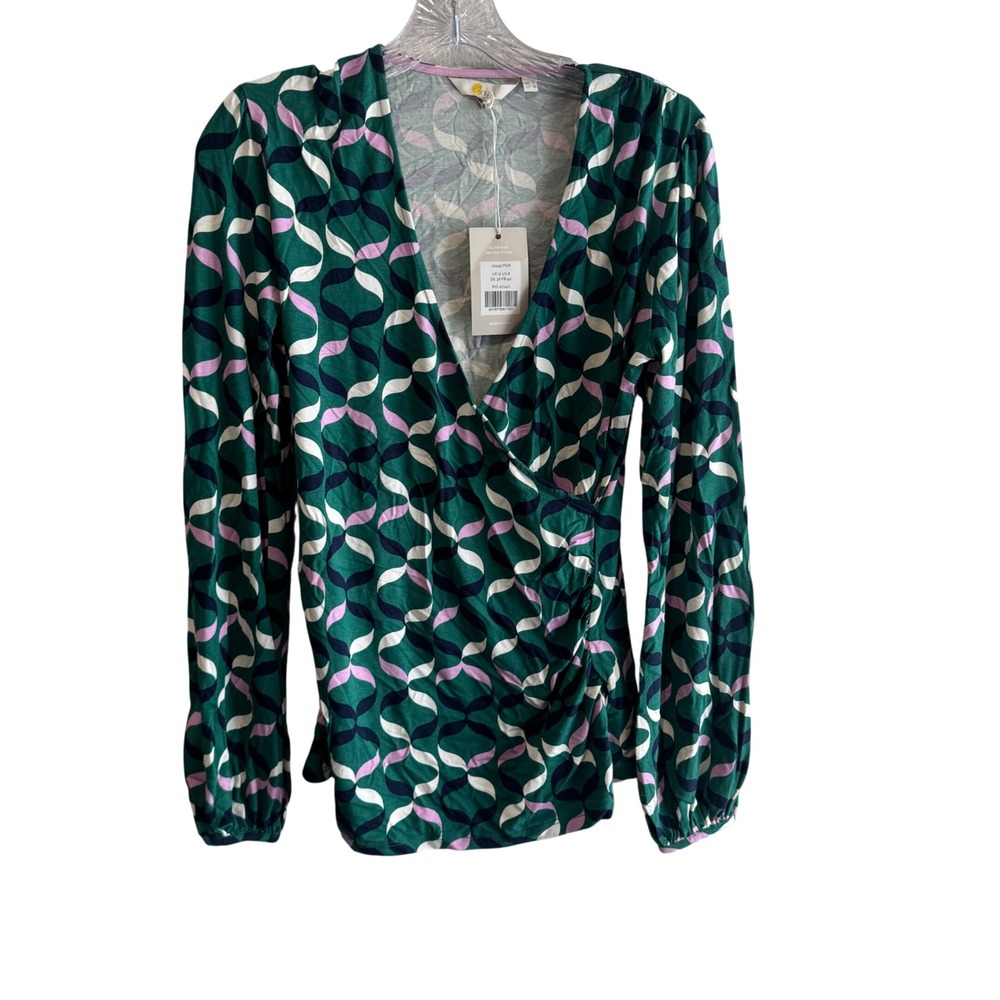 Boden Green Geometric Print Faux Wrap Top Long Sleeve Ruched‎ V-Neck US 8 NWT